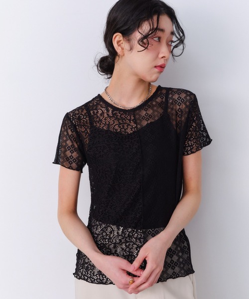 Shelly island(シェリーアイランド)の「ストレッチレース切り替え半袖プルオーバー(Tシャツ/カットソー・レディース・ホワイト/ブラック・FREE)」の18枚目の写真