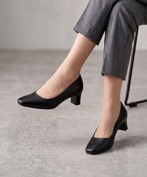 【fuwaraku】スクエアトゥ(本革|ベーシックパンプス)幅広 3E 撥水 レザーパンプス<5.0cmヒール>【21.5cm~25.5cm】
