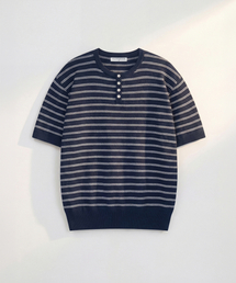 Stripe Henleyneck Cotton Knit NAVY