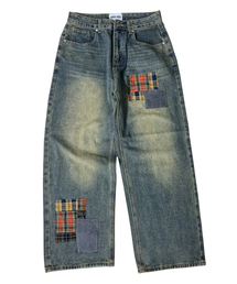 Patchwork Denim Wide Pants ((beige indigo))