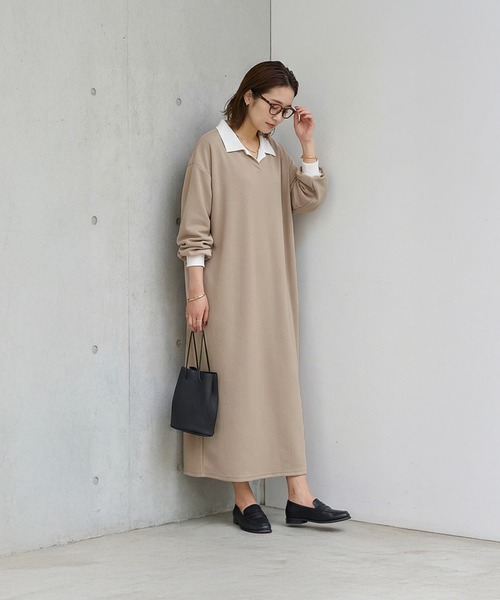 STYLE DELI（スタイルデリ）の「襟付きシボ入りカットソーワンピース（ワンピース・レディース・ブラック/ベージュ・FREE）」の2枚目の写真