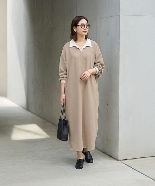 STYLE DELI（スタイルデリ）の「襟付きシボ入りカットソーワンピース（ワンピース・レディース・ブラック/ベージュ・FREE）」の8枚目の写真