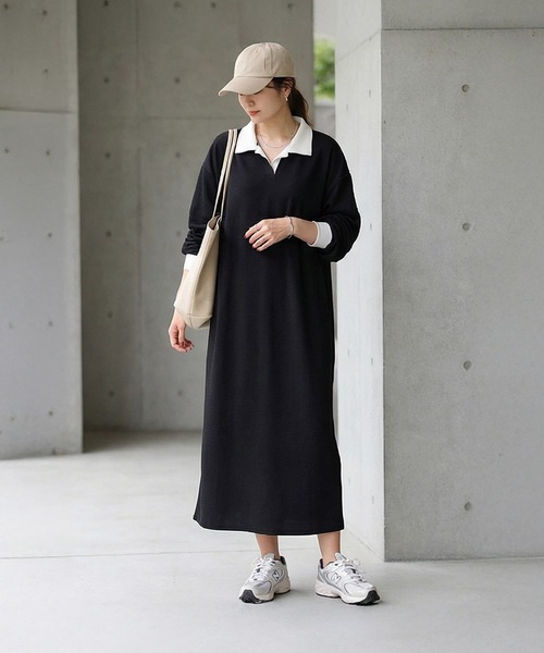 STYLE DELI（スタイルデリ）の「襟付きシボ入りカットソーワンピース（ワンピース・レディース・ブラック/ベージュ・FREE）」の9枚目の写真