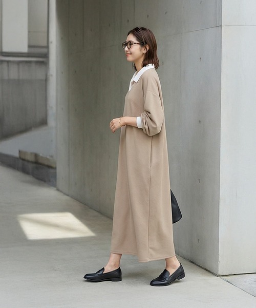 STYLE DELI（スタイルデリ）の「襟付きシボ入りカットソーワンピース（ワンピース・レディース・ブラック/ベージュ・FREE）」の3枚目の写真