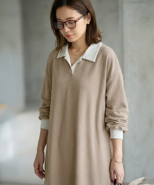 STYLE DELI（スタイルデリ）の「襟付きシボ入りカットソーワンピース（ワンピース・レディース・ブラック/ベージュ・FREE）」の5枚目の写真