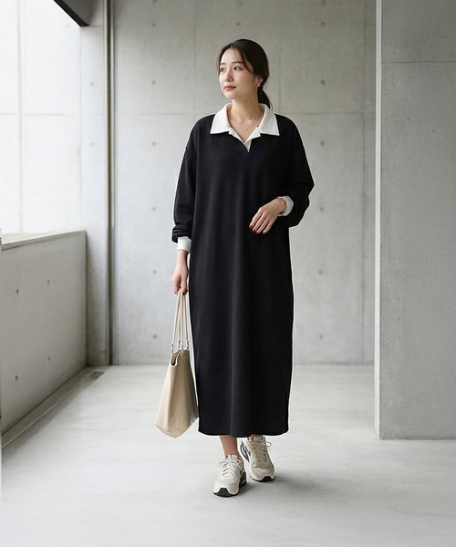 STYLE DELI（スタイルデリ）の「襟付きシボ入りカットソーワンピース（ワンピース・レディース・ブラック/ベージュ・FREE）」の13枚目の写真