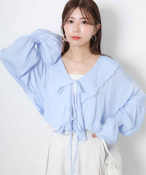Riberry(リベリー)の「シアーフリルリボンブラウス(シャツ/ブラウス・レディース・ブラック/オフホワイト/ブルー/ベージュ・FREE)」の1枚目の写真