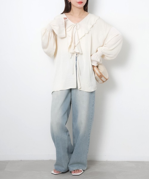 Riberry(リベリー)の「シアーフリルリボンブラウス(シャツ/ブラウス・レディース・ブラック/オフホワイト/ブルー/ベージュ・FREE)」の12枚目の写真