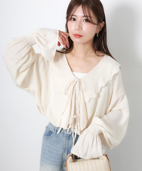 Riberry(リベリー)の「シアーフリルリボンブラウス(シャツ/ブラウス・レディース・ブラック/オフホワイト/ブルー/ベージュ・FREE)」の11枚目の写真