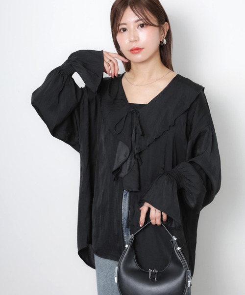Riberry(リベリー)の「シアーフリルリボンブラウス(シャツ/ブラウス・レディース・ブラック/オフホワイト/ブルー/ベージュ・FREE)」の8枚目の写真