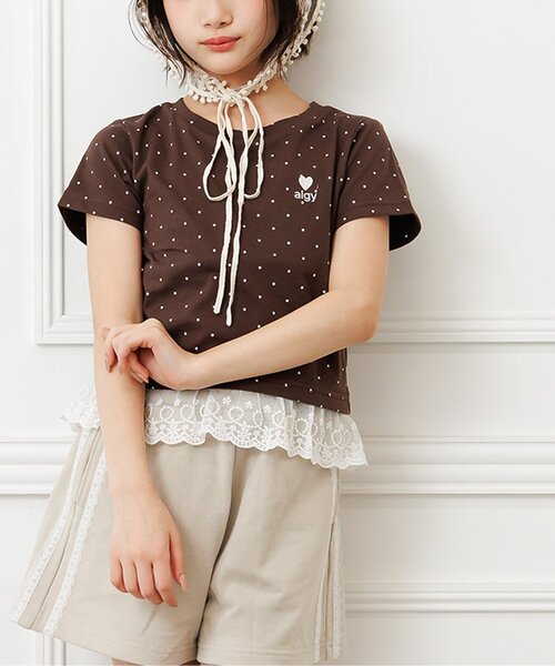 algy(アルジー)の「【puchily プチプラライン】レースドッキングドット半袖Tシャツ(Tシャツ/カットソー・キッズ・オフホワイト/ブラック/ブラウン・160/150/140/130/120)」の3枚目の写真