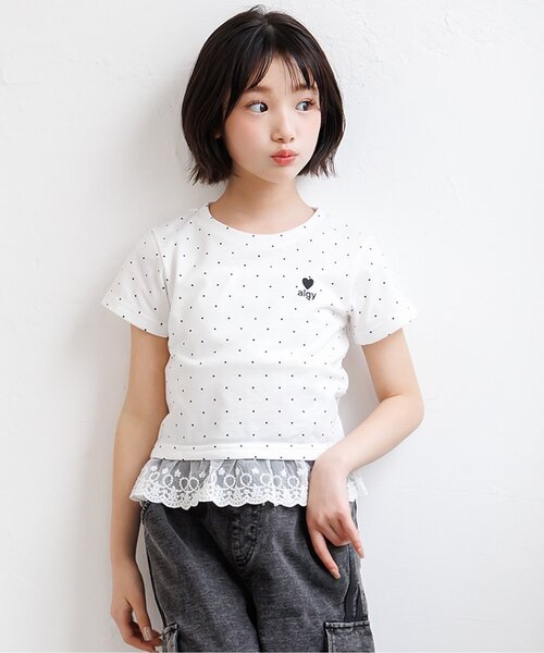algy(アルジー)の「【puchily プチプラライン】レースドッキングドット半袖Tシャツ(Tシャツ/カットソー・キッズ・オフホワイト/ブラック/ブラウン・160/150/140/130/120)」の1枚目の写真