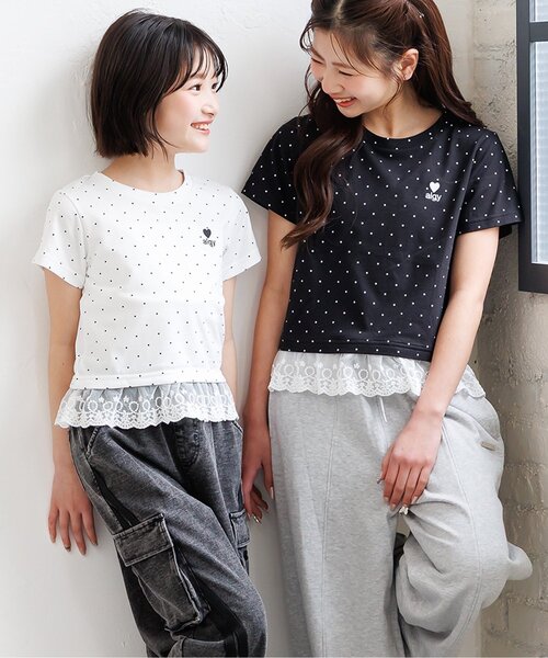 algy(アルジー)の「【puchily プチプラライン】レースドッキングドット半袖Tシャツ(Tシャツ/カットソー・キッズ・オフホワイト/ブラック/ブラウン・160/150/140/130/120)」の2枚目の写真
