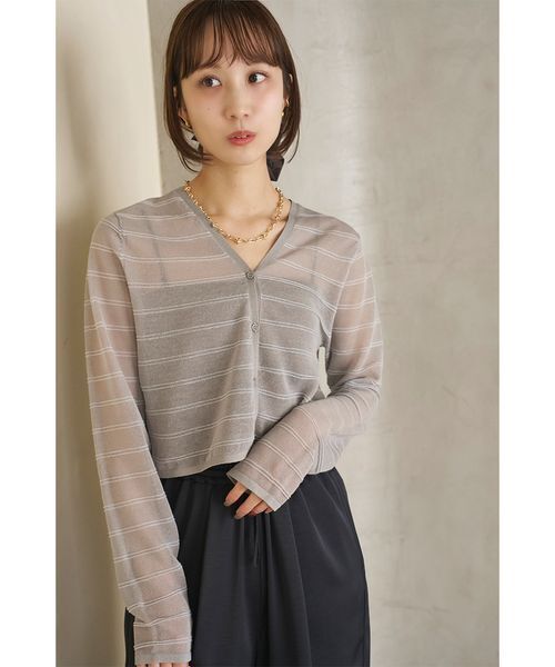 emmi(エミ)の「リネン混Vネックシアーボーダーニットカーディガン(カーディガン/ボレロ・レディース・ミント/ホワイト/ブラック/グレー・F)」の3枚目の写真