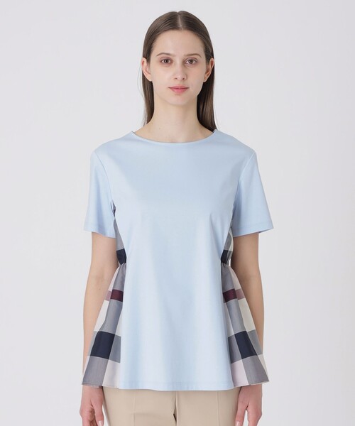 BLUE LABEL CRESTBRIDGE(ブルーレーベルクレストブリッジ)の「【接触冷感】シルケットスムースサイドチェックTシャツ(Tシャツ/カットソー・レディース・ホワイト/ブルー系その他2/ブラック/ダークネイビー・40/38)」の7枚目の写真