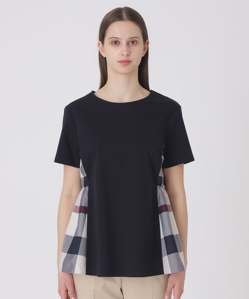 BLUE LABEL CRESTBRIDGE（ブルーレーベルクレストブリッジ）の「【接触冷感】シルケットスムースサイドチェックTシャツ（Tシャツ/カットソー・レディース・ホワイト/ブルー系その他2/ブラック/ダークネイビー・40/38）」の5枚目の写真
