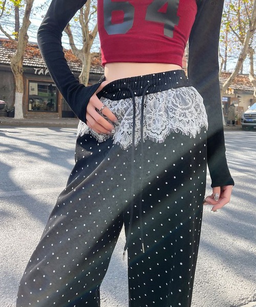 Nia(ニア)の「Nia(ニア)/レース付きドット柄スウェット(スウェットパンツ・レディース・ブラック/グレー・SMALL/MEDIUM)」の6枚目の写真
