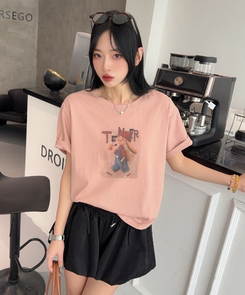 DIAVEL（ディアベル）の「[5color]うさぎカートゥーングラフィックTシャツ（Tシャツ/カットソー・レディース・ホワイト/ピンク/ベージュ/イエロー/ブルー・M）」の5枚目の写真