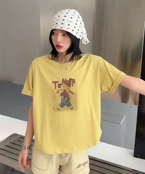 DIAVEL（ディアベル）の「[5color]うさぎカートゥーングラフィックTシャツ（Tシャツ/カットソー・レディース・ホワイト/ピンク/ベージュ/イエロー/ブルー・M）」の4枚目の写真
