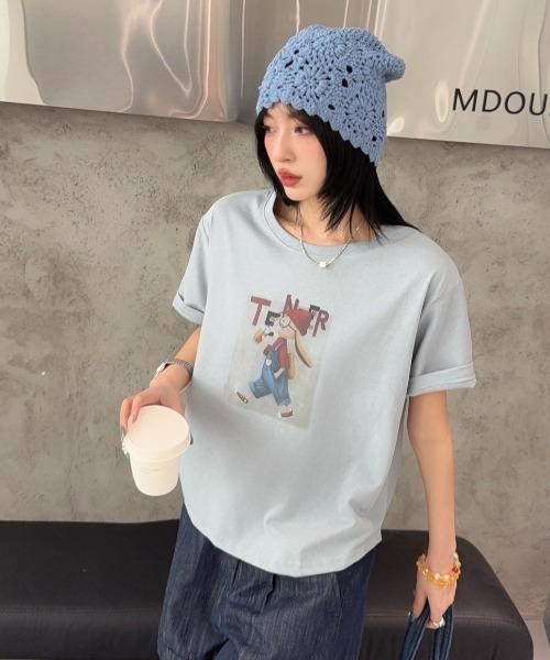 DIAVEL（ディアベル）の「[5color]うさぎカートゥーングラフィックTシャツ（Tシャツ/カットソー・レディース・ホワイト/ピンク/ベージュ/イエロー/ブルー・M）」の17枚目の写真
