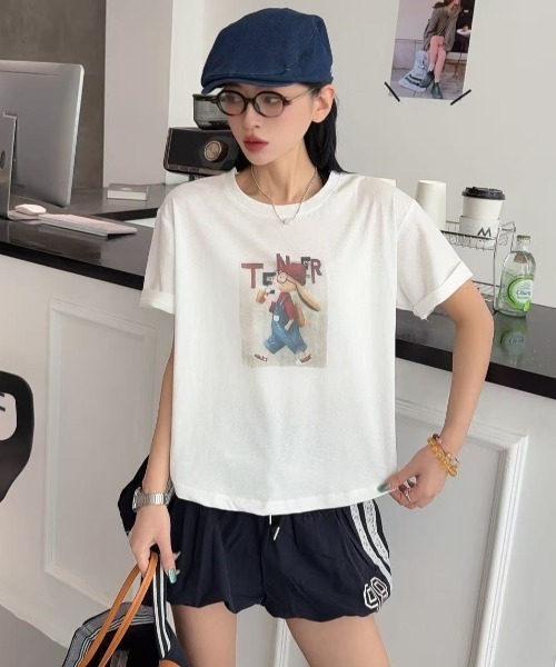 DIAVEL（ディアベル）の「[5color]うさぎカートゥーングラフィックTシャツ（Tシャツ/カットソー・レディース・ホワイト/ピンク/ベージュ/イエロー/ブルー・M）」の12枚目の写真