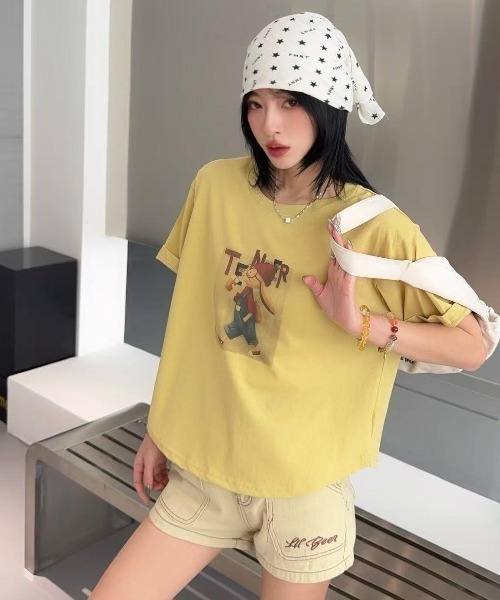 DIAVEL（ディアベル）の「[5color]うさぎカートゥーングラフィックTシャツ（Tシャツ/カットソー・レディース・ホワイト/ピンク/ベージュ/イエロー/ブルー・M）」の22枚目の写真