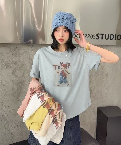 DIAVEL（ディアベル）の「[5color]うさぎカートゥーングラフィックTシャツ（Tシャツ/カットソー・レディース・ホワイト/ピンク/ベージュ/イエロー/ブルー・M）」の14枚目の写真