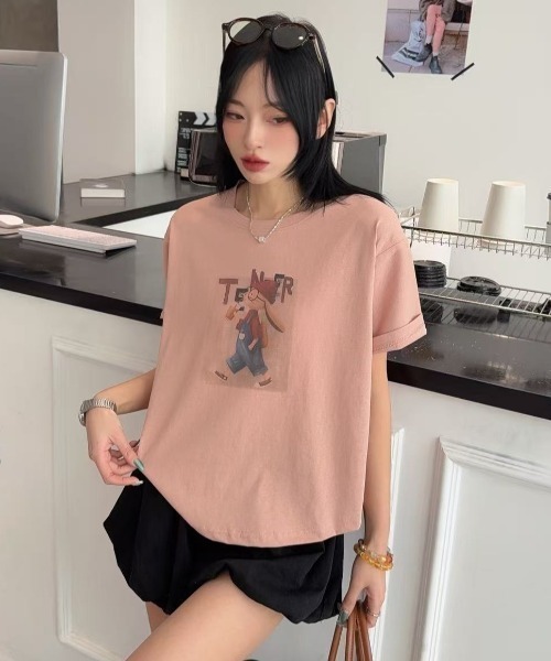 DIAVEL（ディアベル）の「[5color]うさぎカートゥーングラフィックTシャツ（Tシャツ/カットソー・レディース・ホワイト/ピンク/ベージュ/イエロー/ブルー・M）」の21枚目の写真