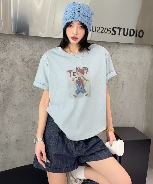 DIAVEL（ディアベル）の「[5color]うさぎカートゥーングラフィックTシャツ（Tシャツ/カットソー・レディース・ホワイト/ピンク/ベージュ/イエロー/ブルー・M）」の15枚目の写真