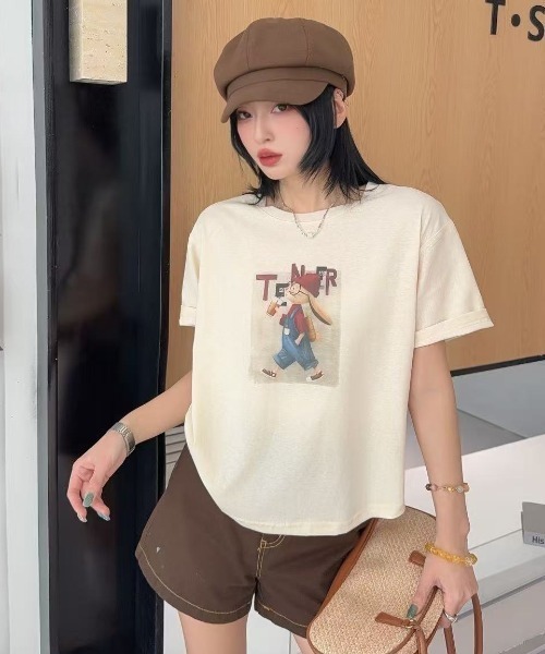 DIAVEL（ディアベル）の「[5color]うさぎカートゥーングラフィックTシャツ（Tシャツ/カットソー・レディース・ホワイト/ピンク/ベージュ/イエロー/ブルー・M）」の8枚目の写真