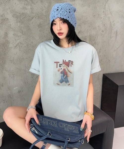 DIAVEL（ディアベル）の「[5color]うさぎカートゥーングラフィックTシャツ（Tシャツ/カットソー・レディース・ホワイト/ピンク/ベージュ/イエロー/ブルー・M）」の13枚目の写真