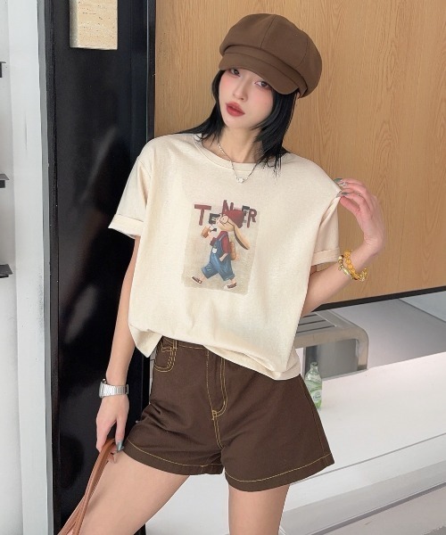 DIAVEL（ディアベル）の「[5color]うさぎカートゥーングラフィックTシャツ（Tシャツ/カットソー・レディース・ホワイト/ピンク/ベージュ/イエロー/ブルー・M）」の7枚目の写真