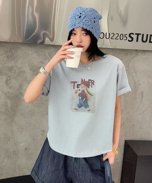 DIAVEL（ディアベル）の「[5color]うさぎカートゥーングラフィックTシャツ（Tシャツ/カットソー・レディース・ホワイト/ピンク/ベージュ/イエロー/ブルー・M）」の16枚目の写真