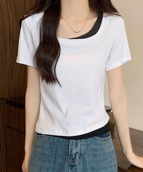 GLAMOROUS JANE(グラマラスジェーン)の「レイヤード風バイカラー半袖Tシャツ(Tシャツ/カットソー・レディース・ブラック/ホワイト・FREE)」の2枚目の写真