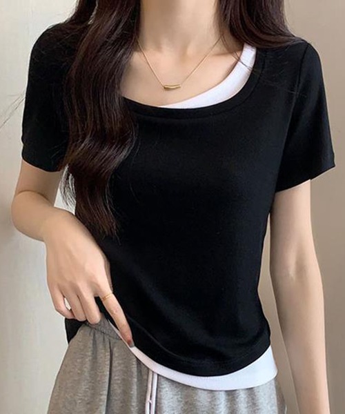 GLAMOROUS JANE(グラマラスジェーン)の「レイヤード風バイカラー半袖Tシャツ(Tシャツ/カットソー・レディース・ブラック/ホワイト・FREE)」の1枚目の写真