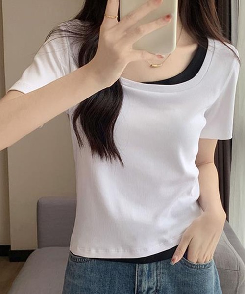 GLAMOROUS JANE(グラマラスジェーン)の「レイヤード風バイカラー半袖Tシャツ(Tシャツ/カットソー・レディース・ブラック/ホワイト・FREE)」の4枚目の写真