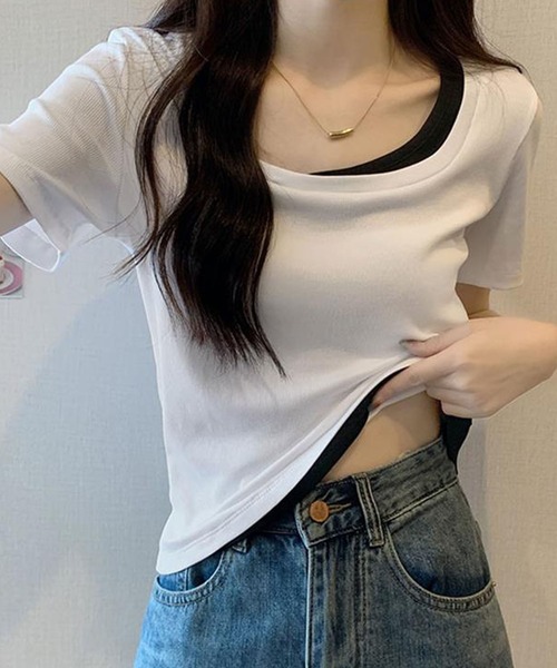 GLAMOROUS JANE(グラマラスジェーン)の「レイヤード風バイカラー半袖Tシャツ(Tシャツ/カットソー・レディース・ブラック/ホワイト・FREE)」の5枚目の写真