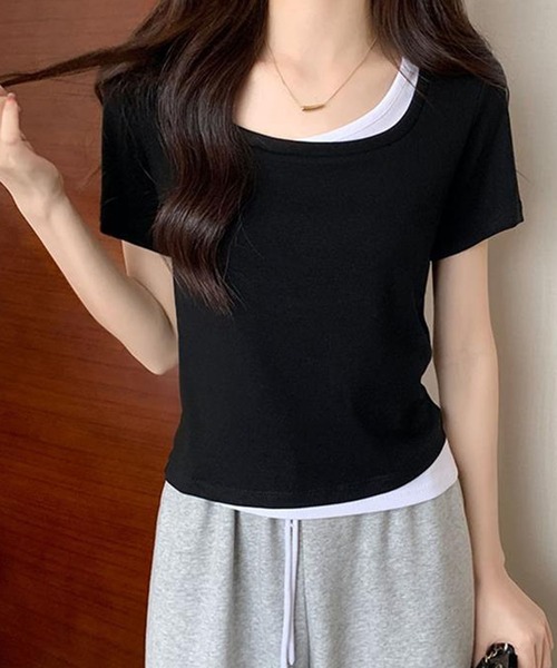 GLAMOROUS JANE(グラマラスジェーン)の「レイヤード風バイカラー半袖Tシャツ(Tシャツ/カットソー・レディース・ブラック/ホワイト・FREE)」の6枚目の写真