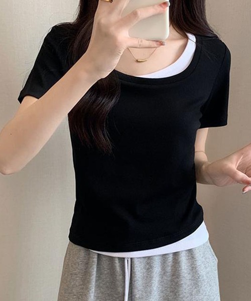 GLAMOROUS JANE(グラマラスジェーン)の「レイヤード風バイカラー半袖Tシャツ(Tシャツ/カットソー・レディース・ブラック/ホワイト・FREE)」の8枚目の写真