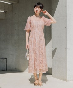 ラメフラワー刺繍×パフスリーブドレス/パーティードレス/結婚式/パーティー/お呼ばれ
