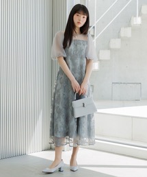 ラメフラワー刺繍×パフスリーブドレス/パーティードレス/結婚式/パーティー/お呼ばれ
