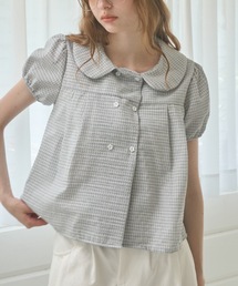 丸襟フラワーボタンパフブラウス/Round-Collar Puff-Sleeve Blouse with Flower Buttons