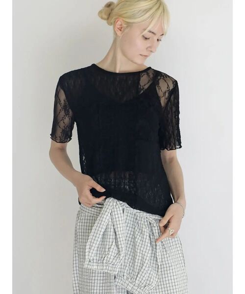 :ETHROF(イーサオブ)の「SHEER LACE DESIGN TOPS(Tシャツ/カットソー・レディース・ブラック/オフホワイト・FREE)」の2枚目の写真