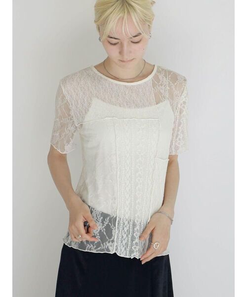 :ETHROF(イーサオブ)の「SHEER LACE DESIGN TOPS(Tシャツ/カットソー・レディース・ブラック/オフホワイト・FREE)」の3枚目の写真