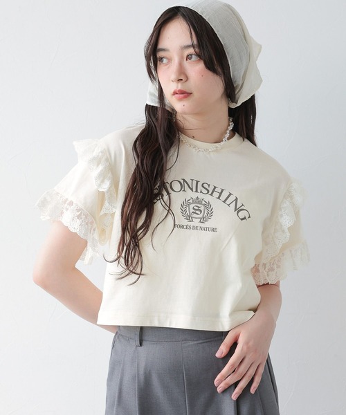 RAGEBLUE(レイジブルー)の「袖レースプリントショートTシャツ(Tシャツ/カットソー・レディース・オフホワイト/グレー・FREE)」の5枚目の写真