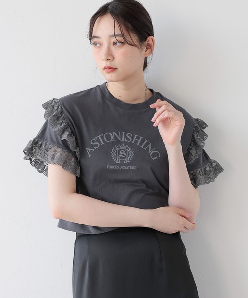 RAGEBLUE(レイジブルー)の「袖レースプリントショートTシャツ(Tシャツ/カットソー・レディース・オフホワイト/グレー・FREE)」の9枚目の写真