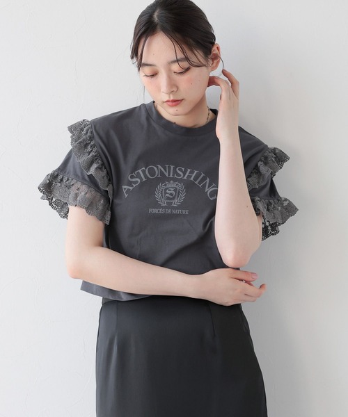 RAGEBLUE(レイジブルー)の「袖レースプリントショートTシャツ(Tシャツ/カットソー・レディース・オフホワイト/グレー・FREE)」の10枚目の写真
