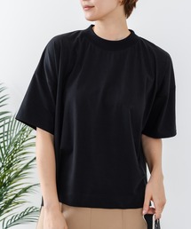 【C-FORTPOINT/フォートポイント】【ストレッチ性抜群の冷感素材を使用】ハイネック ドロップショルダー5分袖Tシャツ プルオーバー 接触冷感 涼しい 体形カバー サイドスリット