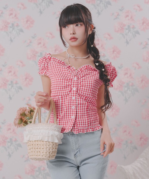DearMyLoveRose（ディアマイラブローズ）の「2WAYパフスリーブギンガムチェックブラウス【大きいサイズあり】（シャツ/ブラウス・レディース・レッド/ブラック・M-L/LL～3L/L～LL）」の7枚目の写真