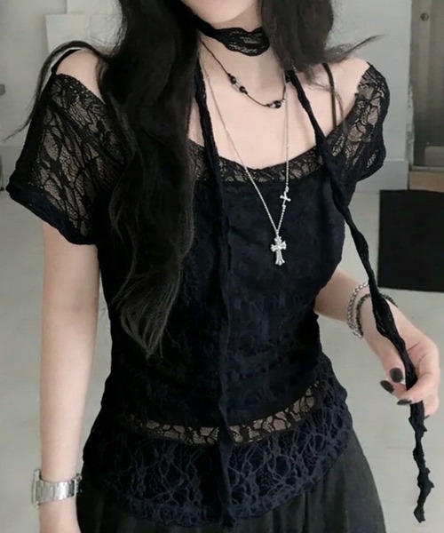 FREE STYLISTS(フリー スタイリスト)の「(ベスト除く) レース リボン シースルー トップス(Tシャツ/カットソー・レディース・ブラック/ホワイト・M/S)」の1枚目の写真